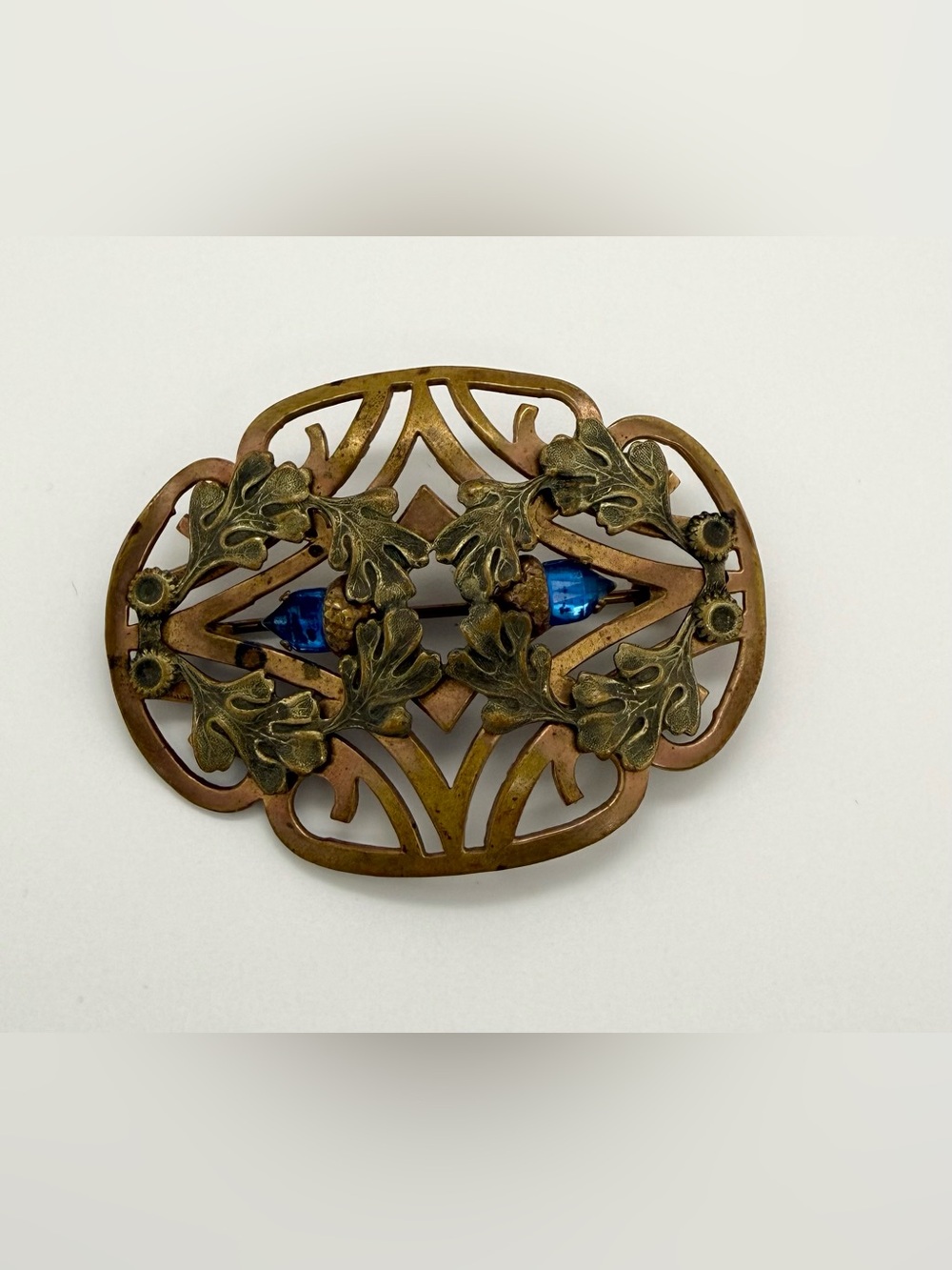 Antique Victorian Blue Czech Glass Rhinestone Gold Filled Floral Leaf Brooch Pin